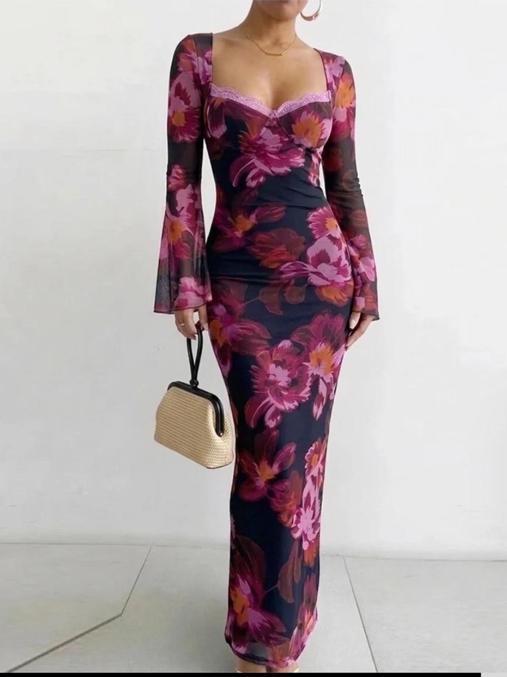 NWT Chicme Floral Mesh Lace Trim Sweetheart Neck Long Sleeve Maxi Dress Gown.